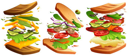 Sandwiches with bread, cheese, lettuce, ham and vegetable slices. Vector cartoon set of flying sandwiches with layers of toasts, salad, fry potato, tomato, onion, cucumber and mayonnaiseのイラスト素材