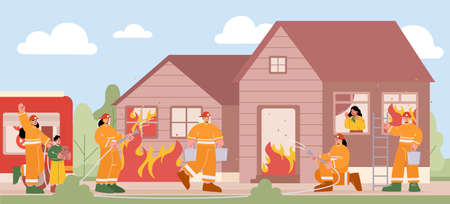 Group of firemen fighting with fire at burning house. Characters team in firefighters uniform extinguish big blaze, carry ladder and buckets spraying water with hose, Line art vector illustrationのイラスト素材