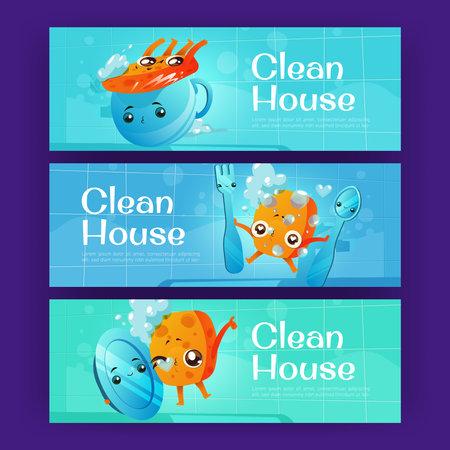 Clean house posters with cute kitchen sponge wash plate, cup and cutlery. Vector banners with cartoon illustration of dish washing sponge with soap foam and utensilのイラスト素材