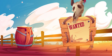 Cartoon western scene with wanted sign and wooden barrel with eye inside at wild west desert landscape with ranch or farm fence. Board with animal skull, and hidden character, Vector illustrationのイラスト素材