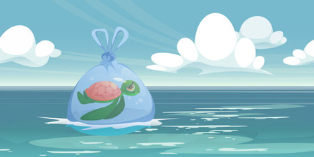 Sea turtle trapped in plastic bag floating on ocean water surface. Stop pollution, save nature,...