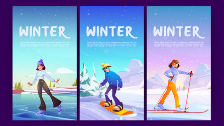 Winter sport cartoon posters with people enjoying skiing, skating and snowboarding extreme outdoors...