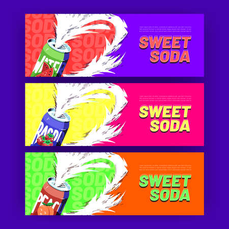Sweet soda banners with drink splashing out of tin cans. Cold fresh juice or fruit water advertisement campaign, beverage promotional colorful background in line art cartoon style, Vector illustrationのイラスト素材