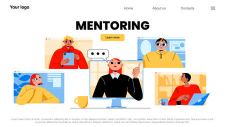 Mentoring landing page, business coach chatting with employees online. Mentorship, support and training people to achieve career goals. tutor and workers on pc screens, Line art flat vector web bannerのイラスト素材