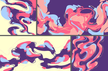 Modern backgrounds with abstract pattern of liquid blobs, flow shapes and lines. Vector creative posters set with flat illustration, trendy design with paint splashes and wavesのイラスト素材