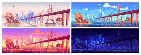 Lake landscape with bridge and city on skyline at different time of day. Vector cartoon...