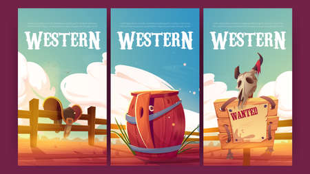 Western posters with wooden wanted sign, bull skull, horse saddle on fence and barrel. Vector banners of wild west with cartoon illustration of desert landscape with cowboy saddle and wood signboardのイラスト素材