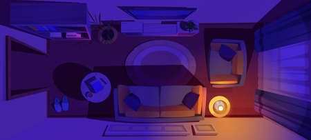 Top view of living room with sofa, chair, tv on wall, and bookcases at night. Vector cartoon illustration of dark lounge interior in house or hotel with couch, table and lampのイラスト素材