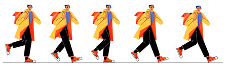 Courier character walk cycle sequence. Vector flat illustration of delivery service worker with...