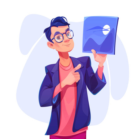 Illustrator or designer male character holding digital tablet in hand pointing on picture. Creative...