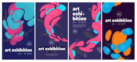Art exhibition flyers with abstract painting on background. Vector vertical banners of modern gallery with creative artwork with hand drawn fluid shapes and grunge textureのイラスト素材