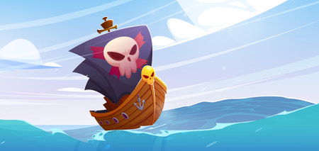 Pirate ship with black sails and jolly roger floating on ocean water waves. Legend of the seas cartoon game scene or book picture with filibusters battleship with skull on stem, Vector illustrationのイラスト素材