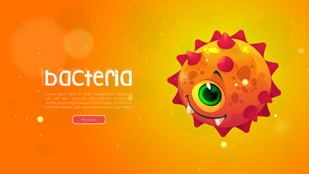 Bacteria banner with cute round microbe character. Vector medical poster with cartoon illustration of funny orange germ, virus or bacterium cell. Comic circle microorganism with spikesのイラスト素材