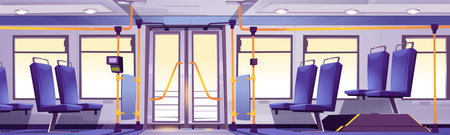 Bus interior, public transport empty salon with seats, handles, pos terminal for cashless payment...