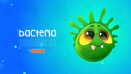 Medical poster with bacteria character, funny round germ on blue background. Vector banner with cartoon illustration of cute circle virus, microorganism or bacterium cell. Comic green microbeのイラスト素材