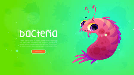 Bacteria banner with funny microbe character on green background. Vector medical poster with cartoon illustration of cute pink germ, virus or bacterium cell. Comic microorganism with flagellaのイラスト素材