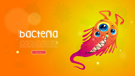 Medical poster with funny bacteria character. Vector background with cartoon illustration of cute microbe, germ, microorganism or virus. Comic bacterium cell with flagella, teeth and eyesのイラスト素材