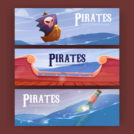 Pirates cartoon banners, ship with black sails and jolly roger, battleship deck and bottle with map floating on ocean waves. Filibusters adventure game, party invitation cards Vector illustration, setのイラスト素材