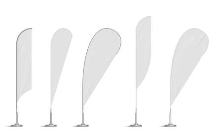 Bow and feather beach flags, blank curved wind banners templates. Vertical signboards for outdoor city advertising. Expo stands mockup isolated on white background, Realistic 3d vector mock up setのイラスト素材