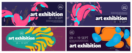 Art exhibition banners set, invitation to modern exposition. Abstract background, modern acrylic paints design, invite in art deco style with colorful painting stains or grunge elements, Vector flyersのイラスト素材