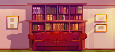 Luxury old living room or library interior with wooden bookcase, leather coach and pictures hang on wall. Place for reading with sofa and bright sunshine, athenaeum place Cartoon vector illustrationのイラスト素材