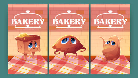 Bakery posters with cute patty and bread loaves characters. Vector vertical banners of bakery shop with cartoon illustration of happy fried pie, bread and bun with butter on table in cafe or storeのイラスト素材