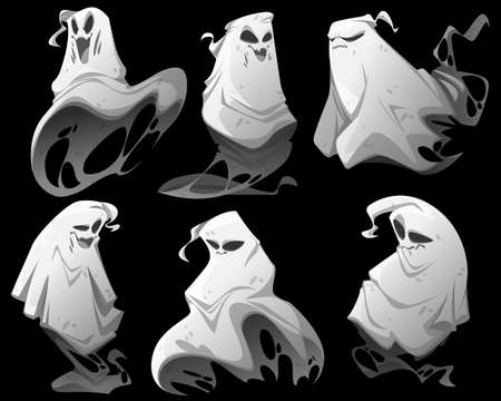 Spooky ghosts, spirits, scary Halloween characters isolated on black background. Vector cartoon illustration of flying white phantom smiling, happy and angryのイラスト素材