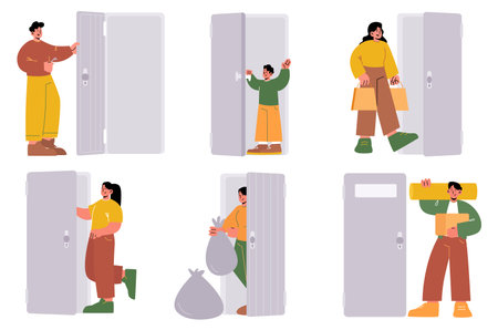People at house entrance, enter or exit home. Vector flat illustration of happy characters open door, lock with key, taking out trash, leaving apartment, come back from shoppingのイラスト素材