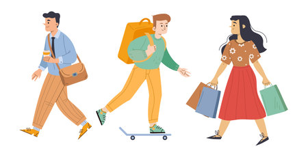 Diverse passerby people walk on city street, student teenager with backpack riding on skateboard,...