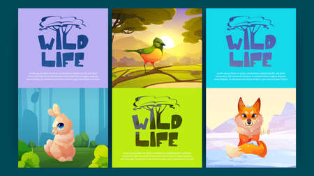 Wild life cartoon banners with forest animals and bird on scenery nature landscape. Environment protection emblems with tree symbol, cute rabbit, fox and birdie sitting on branch, Vector illustrationのイラスト素材