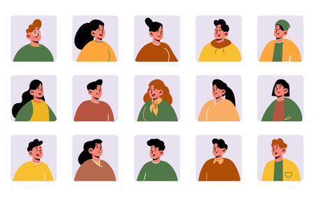 People avatars, square icons with faces of young and adult male and female characters. Men or women with black and brown hair color, human portraits for social media, isolated line art flat vector setのイラスト素材