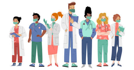 Doctors, nurses, professional medicine team. Health clinic, hospital, healthcare center staff in uniform and face masks. Vector flat illustration of people medical workersのイラスト素材