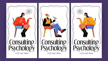 Consulting psychology posters with women patients on therapy session. Vector banners of professional mental health consultation with flat illustration of psychologist and anxiety girlsのイラスト素材