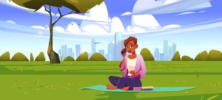 Woman with relax on lawn landscape with city skyline. Cartoon female character sitting on mat with books speaking by mobile. Summer outdoor recreation at green meadow or park field Vector illustrationのイラスト素材