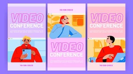 Video conference posters with people on business meeting or webinar. Vector banner of online communication technologies with flat illustration of girls and man with laptop and digital tabletのイラスト素材