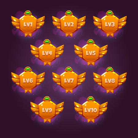 Set of game level ui icons, golden badges with wings, shields or banners. Isolated gold award frames for user experience and ranking. Bonus, reward, trophy, achievement and prize graphics for rpgのイラスト素材
