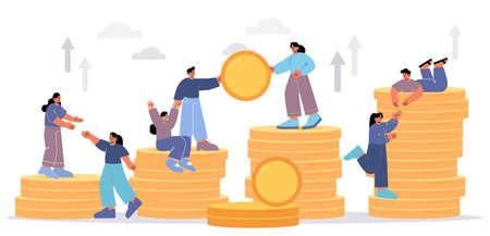 Business team work together and help each other. Concept of success teamwork, partnership, money growth. Vector flat illustration of people climb on stairs of coin stacksのイラスト素材