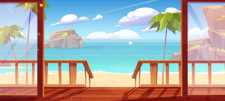 Bungalow wooden porch and view to sand sea beach with palm trees and mountains in water. Vector cartoon illustration of summer tropical ocean landscape and house terrace with staircaseのイラスト素材