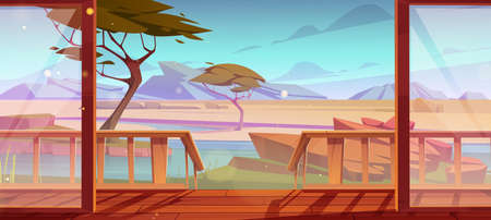 Wooden terrace with view on savanna landscape. Home veranda with wood floor, porch and fence at nature background with rocks, trees and lake in oasis. Resort area for relax Cartoon vector illustrationのイラスト素材