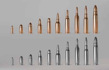 Bullets of different calibers stand in row. Copper, gold or silver colored shots, military handgun ammo weapon metal gunshots isolated on background, realistic 3d vector setのイラスト素材