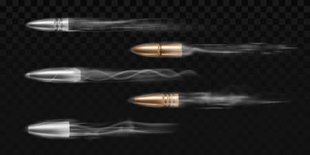 Fired bullets with smoke traces isolated on transparent background. Vector realistic set of 3d metal and brass bullets different calibers with motion effect of shot from weapon, revolver or pistolのイラスト素材