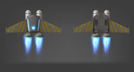 Jetpack with blue fire and yellow stripes on wings, top and bottom view, isolated 3d vector device for flying. Jet pack futuristic mechanical turbo engine with wings for pilot, realistic illustrationのイラスト素材