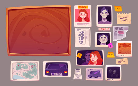 Detective board with evidences of crime. Police investigation plan. Vector cartoon set of cork pinboard, picture of suspect and missing people, car plate, fingerprint and mapのイラスト素材