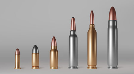 Bullet cartridges, ammunition for gun, rifle, pistol and firearm weapons. Vector realistic set of 3d brass, copper and metal ammo, slugs and shells different calibersのイラスト素材
