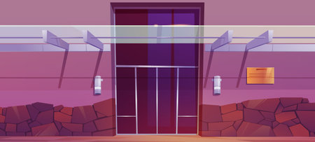 Business center, office building entrance with double doors and glass canopy. Vector cartoon...
