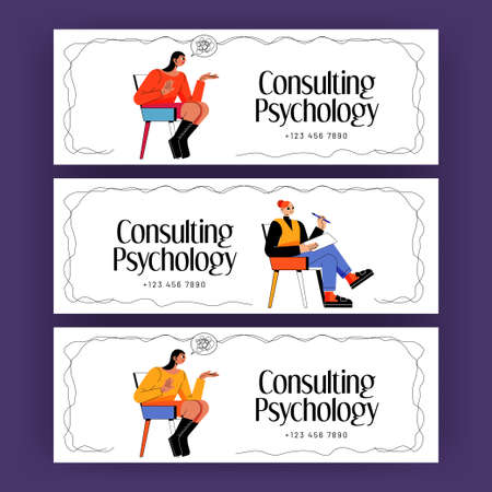 Consulting psychology banners. Depressed woman client with tangled thoughts talk with psychologist of problems. Professional doctor help to patient solve mental issues, Linear flat vector flyers setのイラスト素材