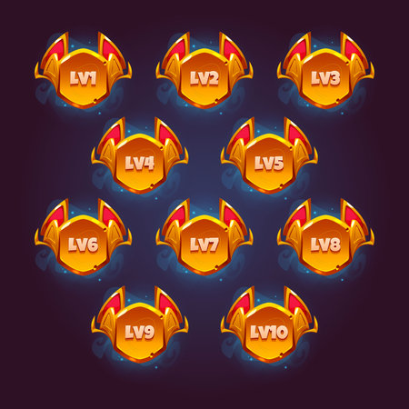 Game level number badges with fantasy gold frame. Vector cartoon set of golden icons, rank labels for mobile game. Level numbers on emblems, buttons isolated on backgroundのイラスト素材
