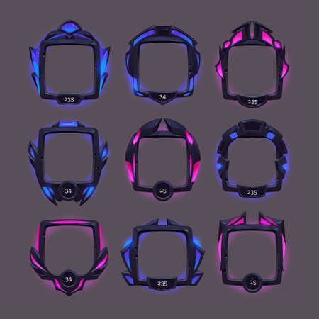 Futuristic frames of black metal border for avatar in game interface with level or grade. Vector cartoon set of gui elements in sci fi style, empty frames with blue and pink glowのイラスト素材