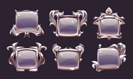 Game level metallic ui badges, empty silver or steel square banners. Isolated metal award frames or bonus graphic elements, trophy achievement, winner appreciation or user experience, Vector icons setのイラスト素材