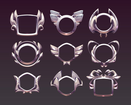Empty silver frames for game award labels for win or achievement.Vector cartoon set of metal fantasy borders for buttons different shapes isolated on backgroundのイラスト素材